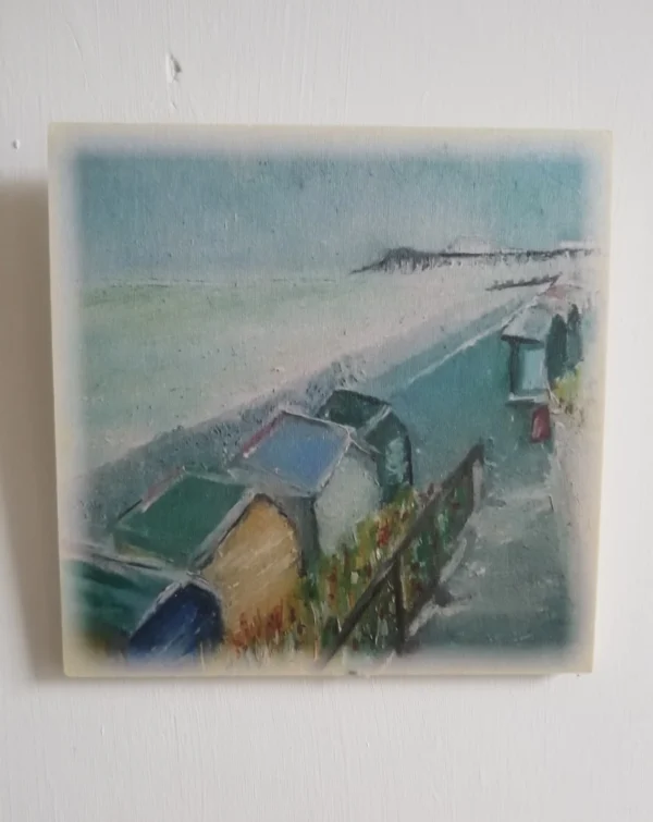 Beach huts: original print on wood